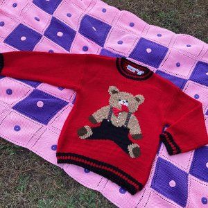 Vintage vtg grandma sweater teddy bear  M-L red black